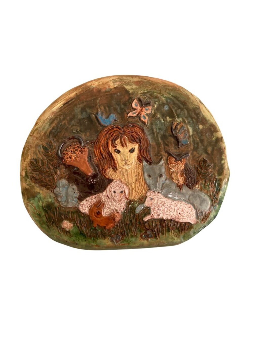 Whimsical Naive Animals Art Pottery Wall Plaque Decor Lion Lamb Fox Owl Bull